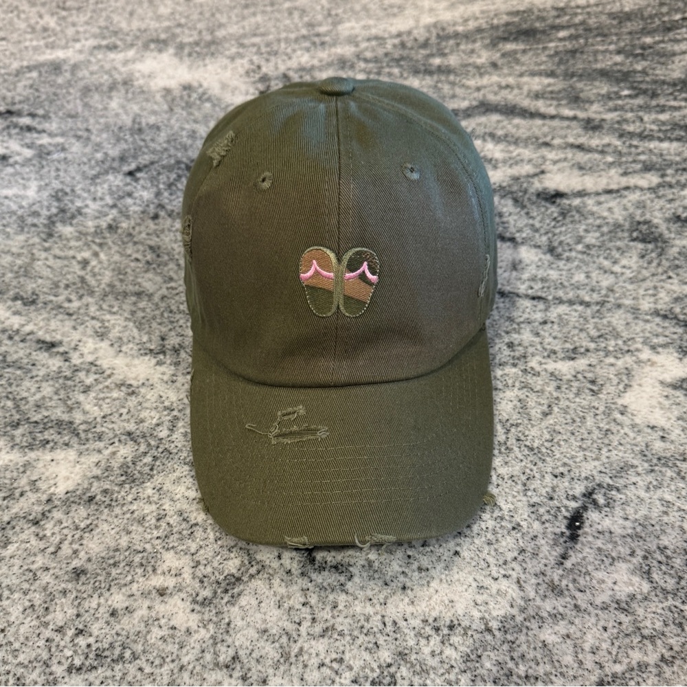 New Custom Designed Olive Green Distressed Baseball Cap & Camouflage Flip Flops
